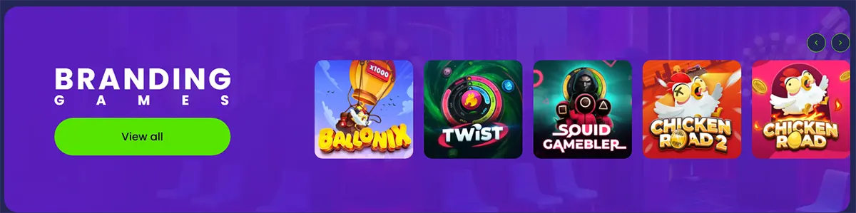 Purple “Branding Games” banner with a green “View all” button and a row of game tiles (Ballonix, Twist, Squid Gambler, Chicken Road 2, and Chicken Road) plus navigation arrows on the right.